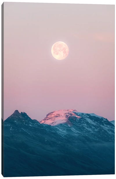 Moonrise Over Mountains During A Calm Sunset In Iceland Canvas Art Print - Iceland Art