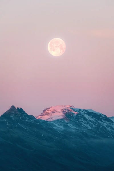 Michael Schauer: Moonrise Over Mountains During A Calm Sunset In Iceland by Michael Schauer
