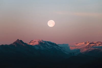 Moonrise Over Pink Mountains During A Calm Sunset In Iceland by Michael Schauer canvas print