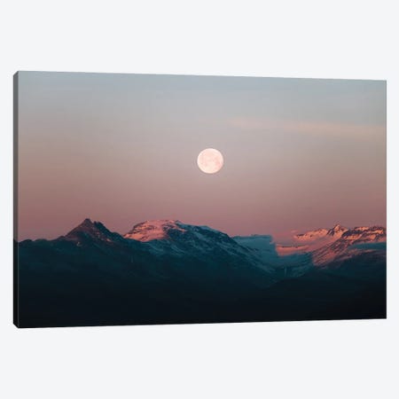 Moonrise Over Pink Mountains During A Calm Sunset In Iceland Canvas Print #SCE173} by Michael Schauer Canvas Artwork