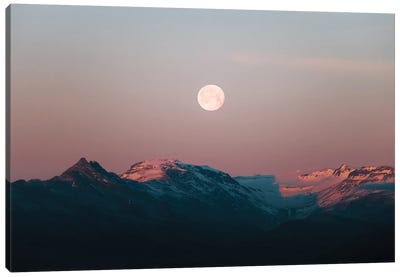 Moonrise Over Pink Mountains During A Calm Sunset In Iceland Canvas Art Print - Michael Schauer
