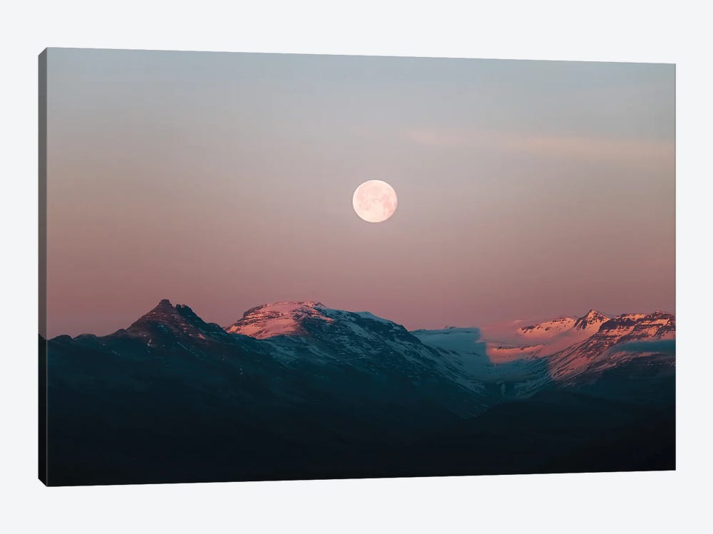 Moonrise Over Pink Mountains During A Calm Sunset In Iceland by Michael Schauer 1-piece Canvas Print
