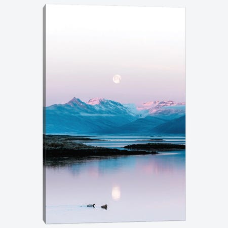 Ducks Swimming In Front Of A Mountain And Moonrise Background In Iceland Canvas Print #SCE174} by Michael Schauer Art Print