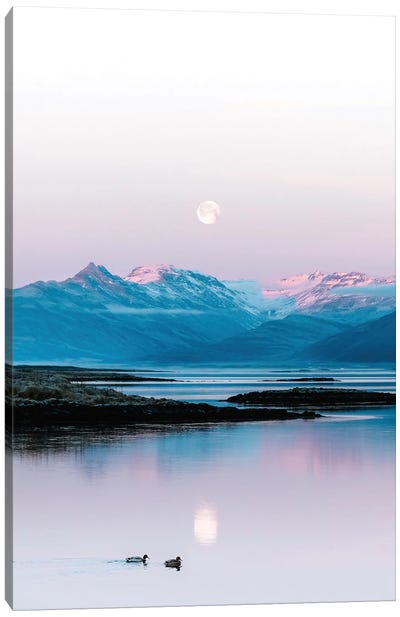 Ducks Swimming In Front Of A Mountain And Moonrise Background In Iceland Canvas Art Print - Michael Schauer