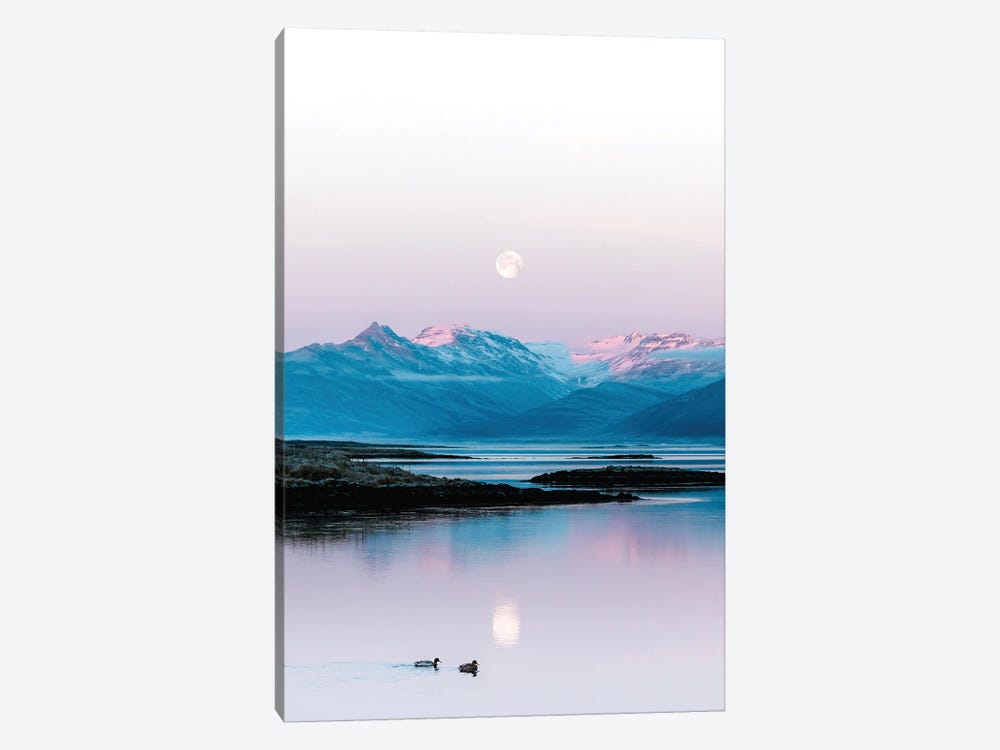 Ducks Swimming In Front Of A Mountain And Moonrise Background In Iceland by Michael Schauer 1-piece Canvas Wall Art