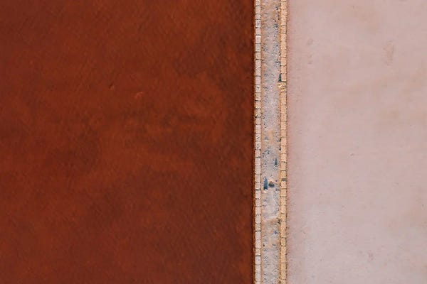 Michael Schauer: Abstract Minimal And Texture Rich Red And Pink Salt Farm From Above by Michael Schauer