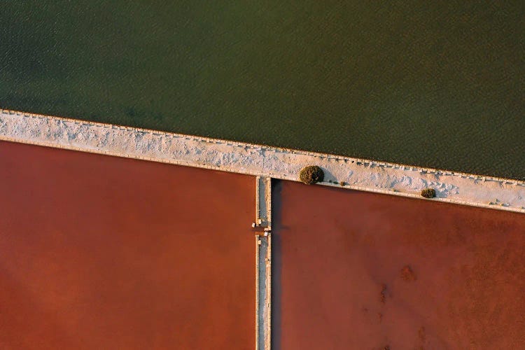 Abstract Minimal And Texture Rich Red And Green Salt Farm From Above