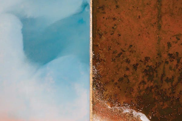 Michael Schauer: Abstract Minimal And Texture Rich Blue And Orange Salt Farm From Above by Michael Schauer