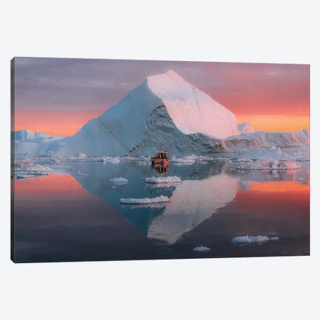 Lone Small Boat Floating In Front Of An Iceberg In Greenland During A Burning Sunset Canvas Print #SCE186} by Michael Schauer Canvas Wall Art