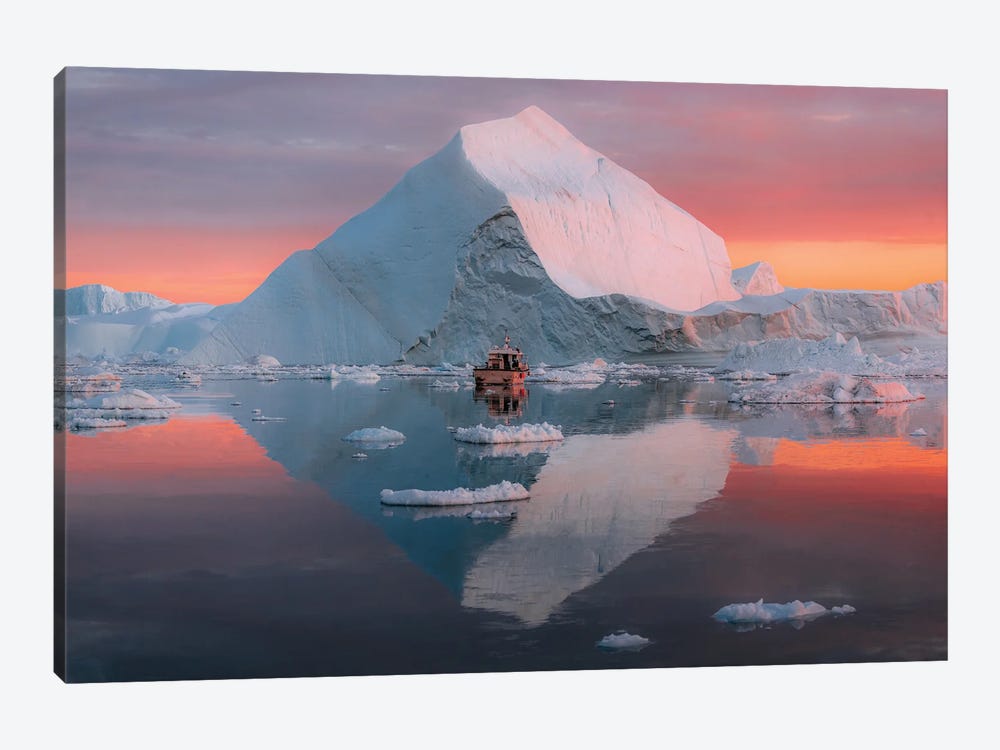 Lone Small Boat Floating In Front Of An Iceberg In Greenland During A Burning Sunset by Michael Schauer 1-piece Canvas Print