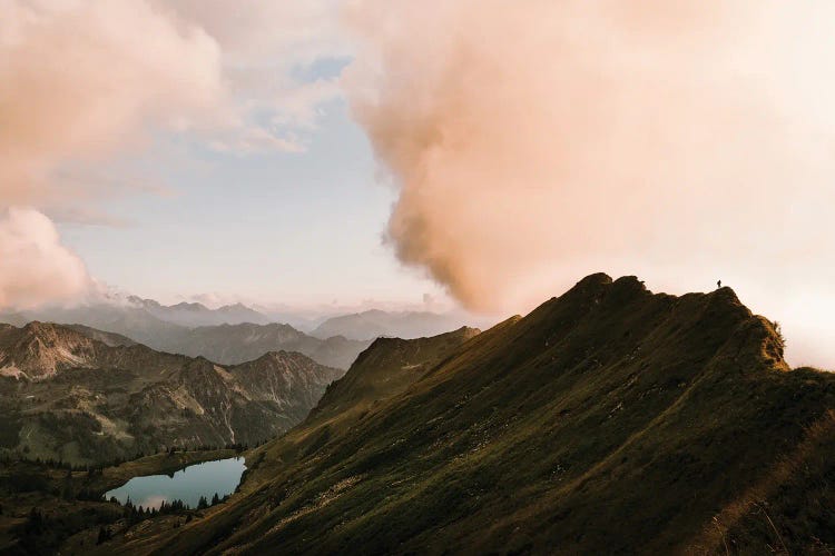 Mountain Range In The German Alps With Lake During Sunset