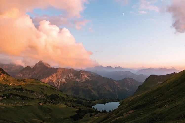 Mountain Range In The German Alps With Lake During Sunset