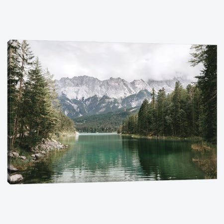Calm Lake Eibsee With Zugspitze Mountain And Forest Canvas Print #SCE28} by Michael Schauer Canvas Wall Art