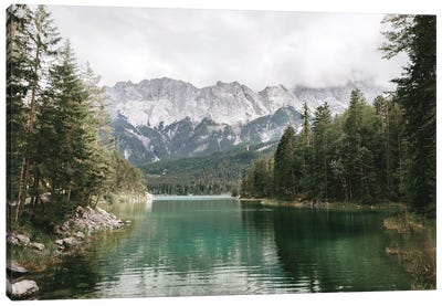 Calm Lake Eibsee With Zugspitze Mountain And Forest Canvas Art Print