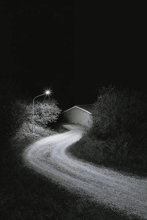 Minimalist Black And White Photograph Of The House At The End Of The Road At Night by Michael Schauer wall art