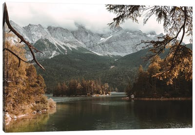 Calm Lake Eibsee With Zugspitze Mountain And Forest During Autumn Canvas Art Print - Michael Schauer