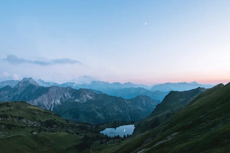 Mountain Lake With Moon Reflection In The German Alps During Blue Hour