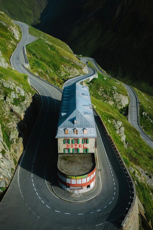 Surreal Hotel By The Winding Mountain Road In Switzerland by Michael Schauer wall art