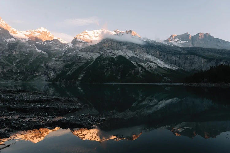 Mountain Lake Sunset In Switzerland With Perfect Reflection