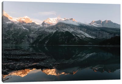 Mountain Lake Sunset In Switzerland With Perfect Reflection Canvas Art Print - Michael Schauer