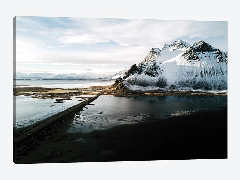 Stokksnes Mountain Peninsula On A Black Sand Beach Road During Sunset In Iceland by Michael Schauer 1-piece Canvas Wall Art