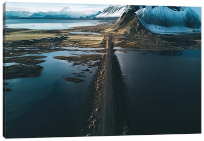 Stokksnes Mountain Peninsula On A Black Sand Beach Road During Sunset In Iceland Canvas Art Print - Michael Schauer