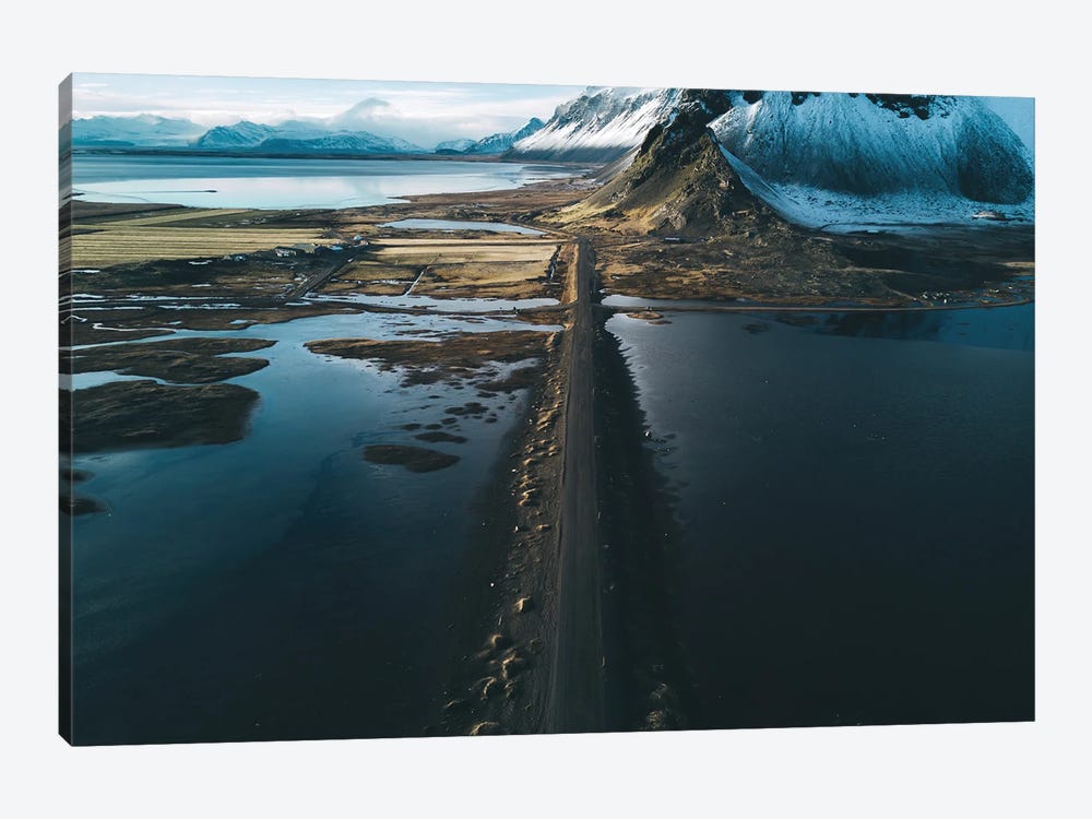 Stokksnes Mountain Peninsula On A Black Sand Beach Road During Sunset In Iceland by Michael Schauer 1-piece Canvas Artwork