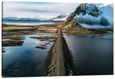Stokksnes Mountain Peninsula On A Black Sand Beach Road During Sunset In Iceland Canvas Art Print - Michael Schauer