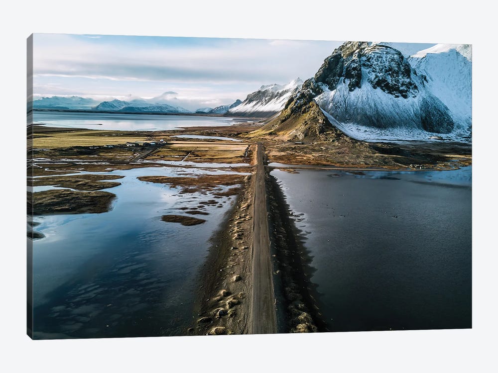 Stokksnes Mountain Peninsula On A Black Sand Beach Road During Sunset In Iceland by Michael Schauer 1-piece Canvas Print