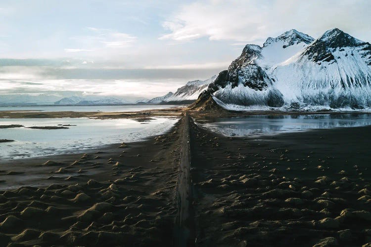 Stokksnes Mountain Peninsula On A Black Sand Beach Road During Sunset In Iceland