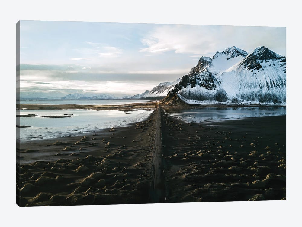 Stokksnes Mountain Peninsula On A Black Sand Beach Road During Sunset In Iceland by Michael Schauer 1-piece Canvas Art Print