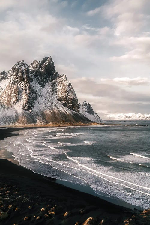 Stokksnes Mountain Peninsula On A Black Sand Beach During Sunset In Iceland