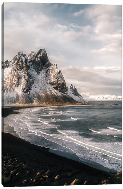 Stokksnes Mountain Peninsula On A Black Sand Beach During Sunset In Iceland Canvas Art Print - Iceland Art
