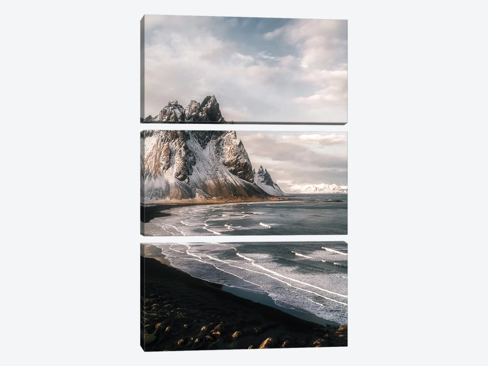 Stokksnes Mountain Peninsula On A Black Sand Beach During Sunset In Iceland by Michael Schauer 3-piece Canvas Art