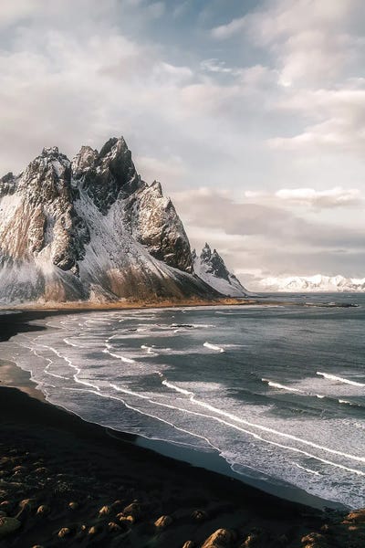 Stokksnes Mountain Peninsula On A Black Sand Beach During Sunset In Iceland