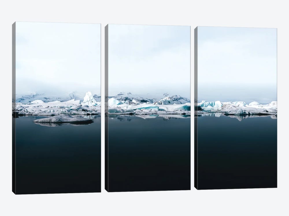 Ethereal Iceland Glacier Lagoon On A Calm Lake With Perfect Reflection 3-piece Canvas Wall Art