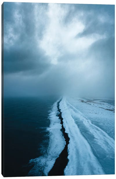 Infinite Black Sand Beach During A Snowy Day In Iceland Canvas Art Print - Michael Schauer