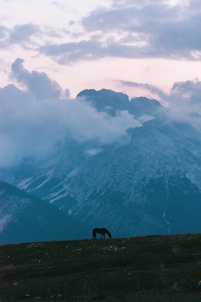 Lone Horse Grazing In Front Of A Mountain Range During Blue Hour by Michael Schauer framed wall art