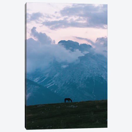 Lone Horse Grazing In Front Of A Mountain Range During Blue Hour Canvas Print #SCE85} by Michael Schauer Canvas Print