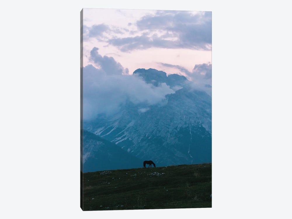 Lone Horse Grazing In Front Of A Mountain Range During Blue Hour by Michael Schauer 1-piece Canvas Print