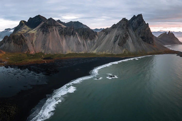 Stokksnes Mountain Peninsula On A Black Sand Beach During Sunrise