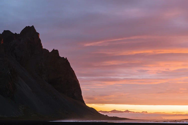 Minimalist Stokksnes Mountain In Iceland During A Burning Sunrise