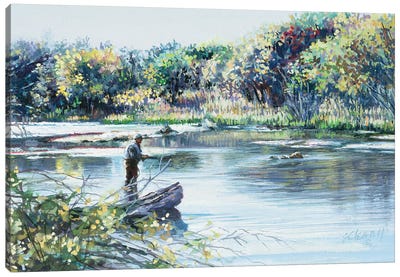 Fishing Near The Log Canvas Art Print - Outdoorsman