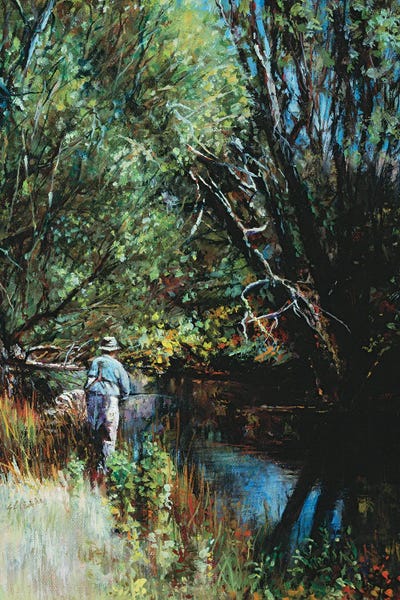 Fishing On A Narrow Stream by Shirley Cleary canvas print