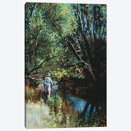 Fishing On A Narrow Stream Canvas Print #SCY34} by Shirley Cleary Canvas Artwork