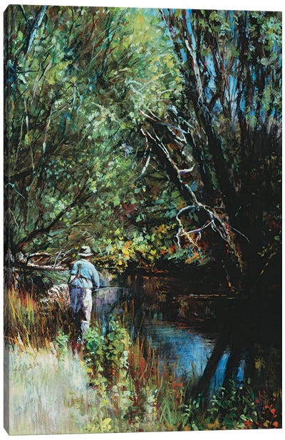 Fishing On A Narrow Stream Canvas Art Print - Shirley Cleary