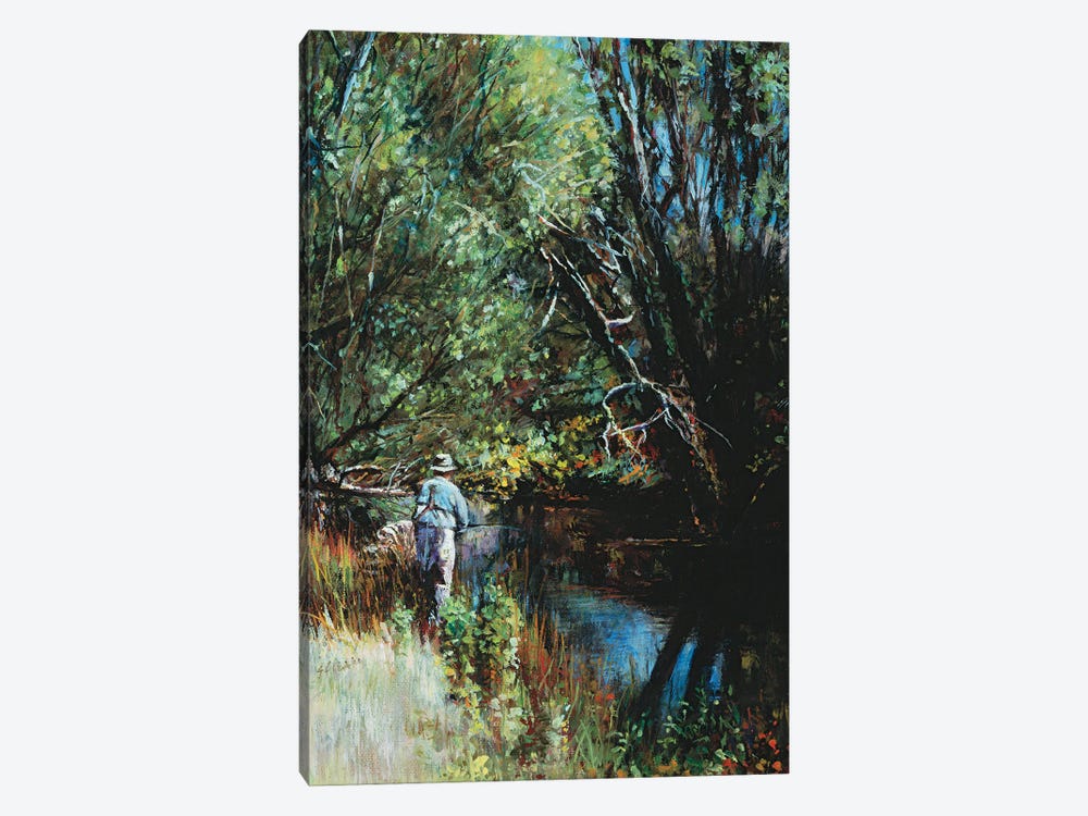 Fishing On A Narrow Stream by Shirley Cleary 1-piece Canvas Artwork