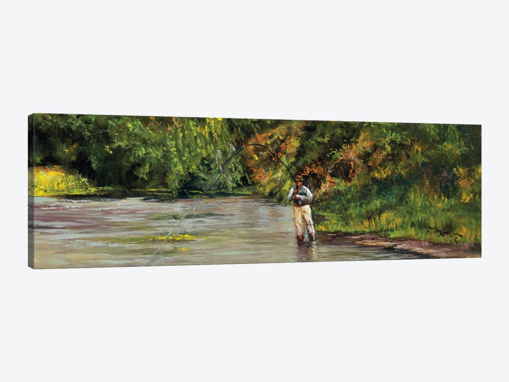 Landing A Fish On A Small Creek by Shirley Cleary 1-piece Canvas Art Print
