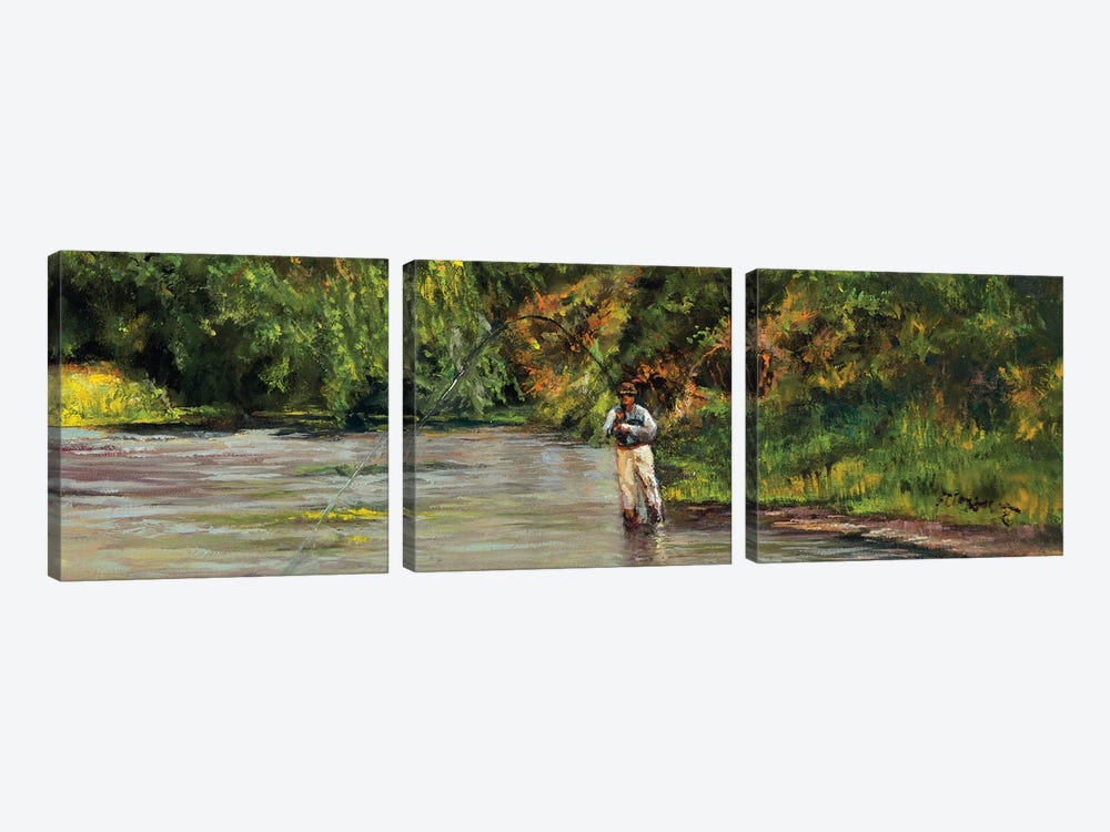 Landing A Fish On A Small Creek by Shirley Cleary 3-piece Canvas Print