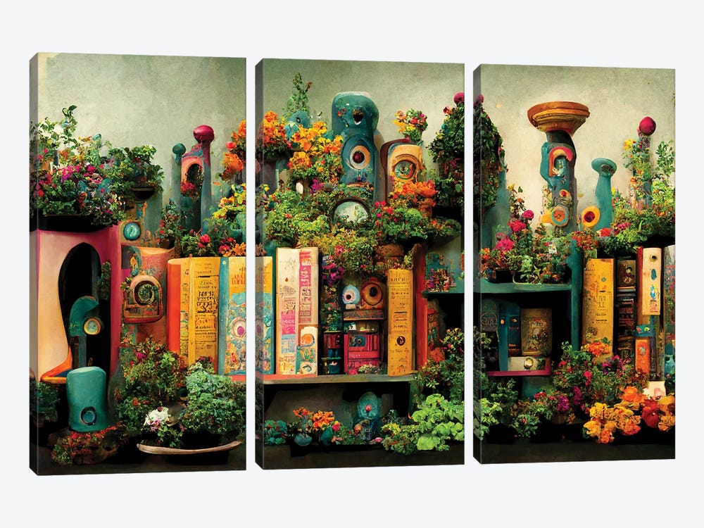 Of Whimsy Books And Flowers by Beth Sheridan 3-piece Canvas Print